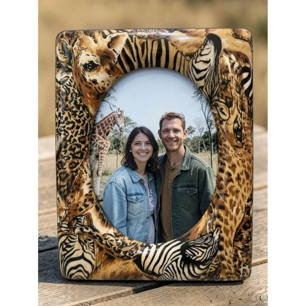 Vintage African Safari Animal Print Photo Picture Frame Giraffe Zebra